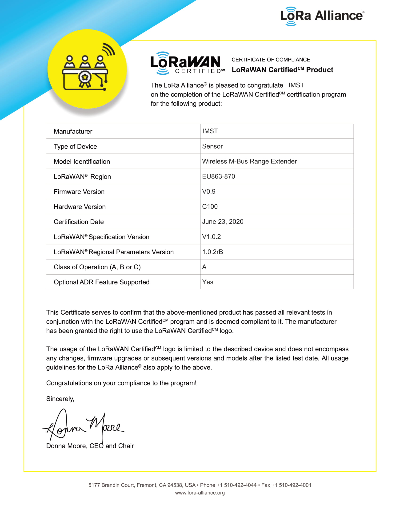 LoRaWAN Certified Product Certificate - Wireless M-Bus Range Extender_070220-1