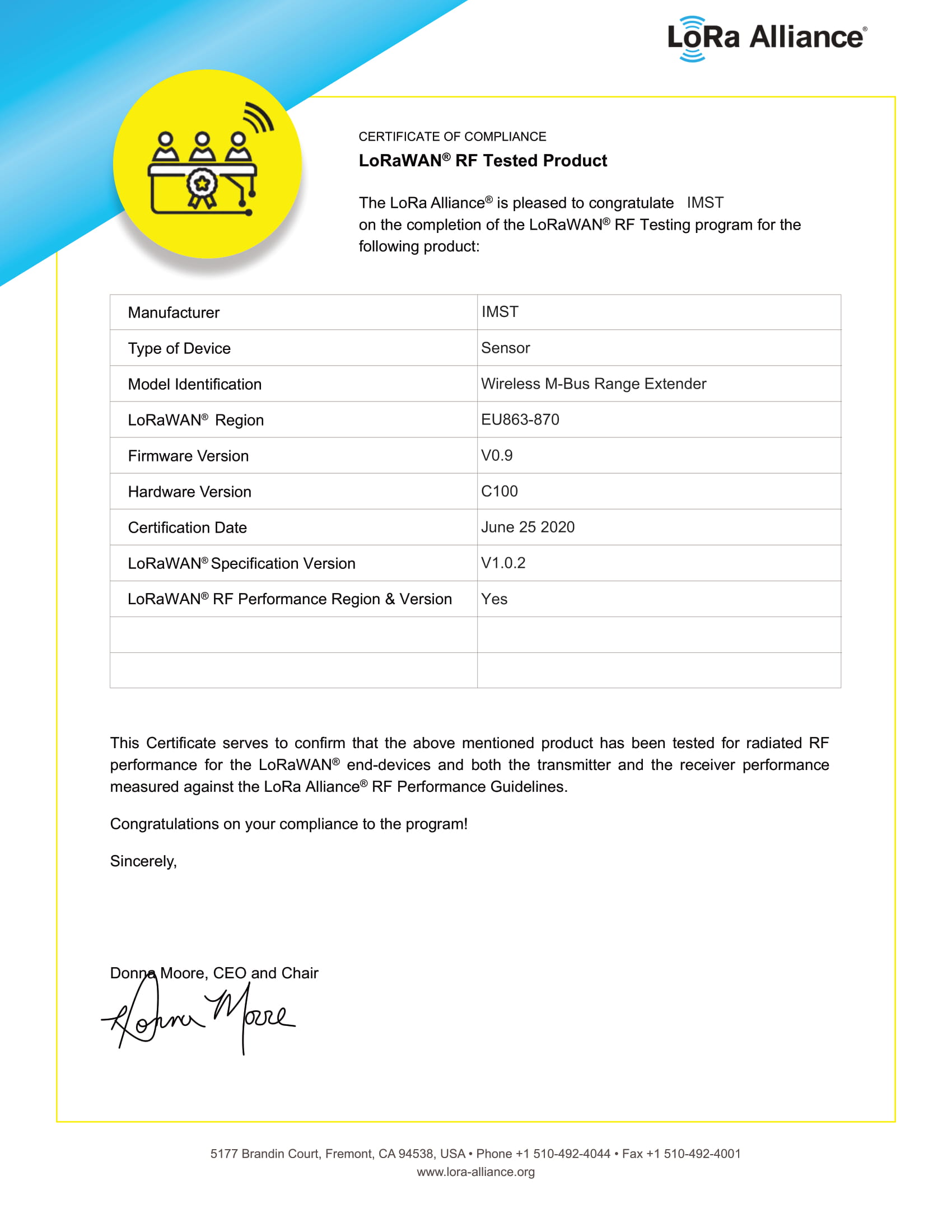 LoRaWAN RF Tested Certificate - IMST - Wireless M-Bus Range Extender_070220-1